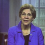 Photograph of video presentation made by U.S. Senator Elizabeth Warren for our Legislative Breakfast.